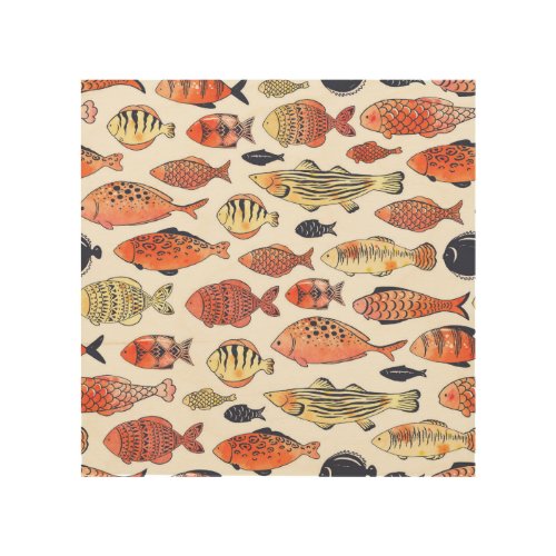 Doodle Fishes Red Yellow Watercolor Wood Wall Art