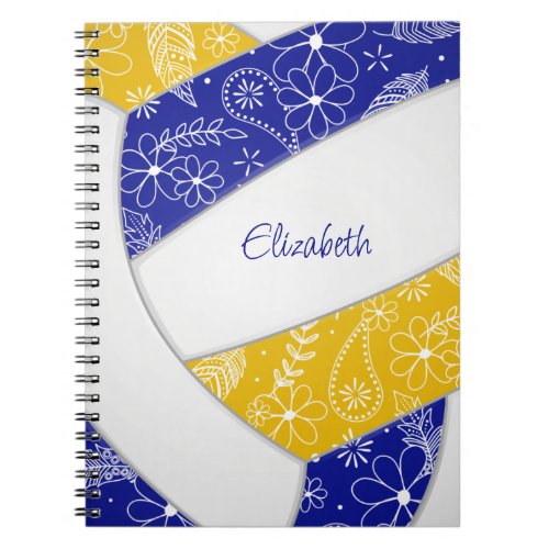 doodle floral blue gold boho volleyball notebook