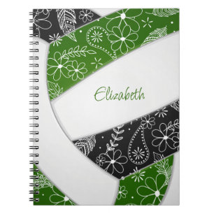 doodle floral pattern green black boho volleyball notebook