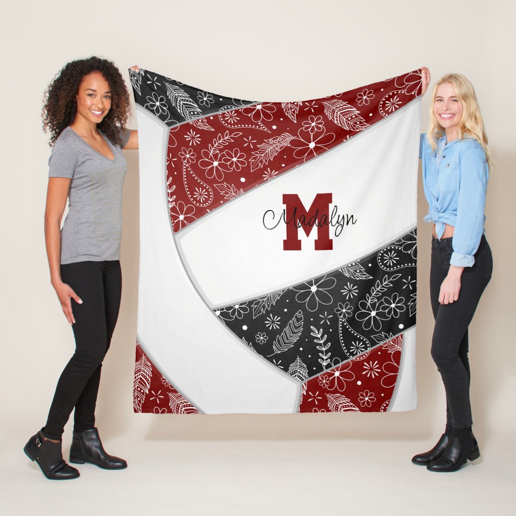 Doodle floral pattern maroon black volleyball blanket