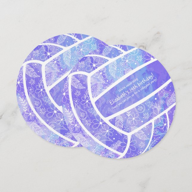 Doodle floral pattern purple volleyball birthday invitation (Front/Back)