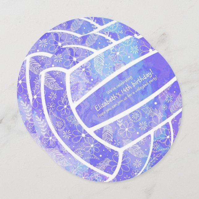 Doodle floral pattern purple volleyball invitation (Front/Back)