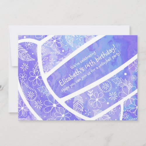 Doodle floral pattern purple volleyball invitation