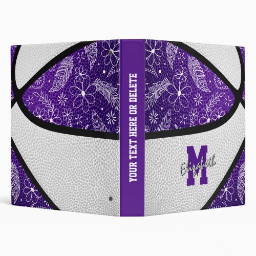 doodle floral pattern purple white basketball 3 ring binder
