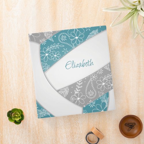 doodle floral pattern teal gray boho volleyball 3 ring binder