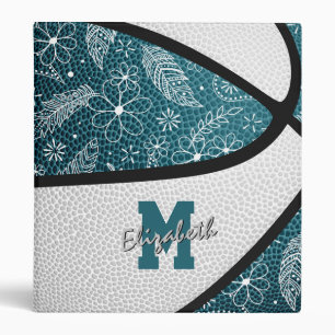 doodle floral pattern teal white basketball 3 ring binder