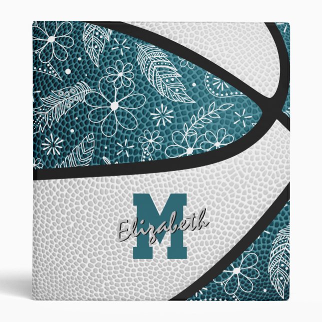doodle floral pattern teal white basketball 3 ring binder (Front)