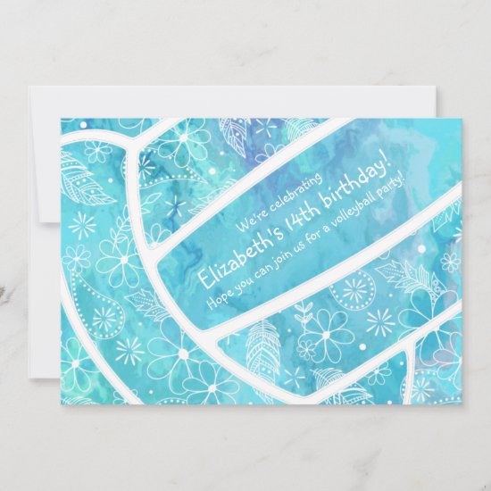 Doodle floral pattern turquoise volleyball invitation