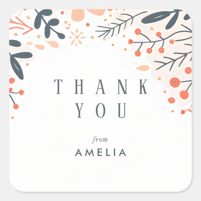 Doodle Floral Personalized Name Thank You  Square Sticker (Front)