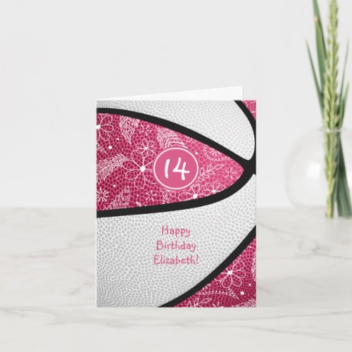 doodle floral pink white girly basketball birthday card