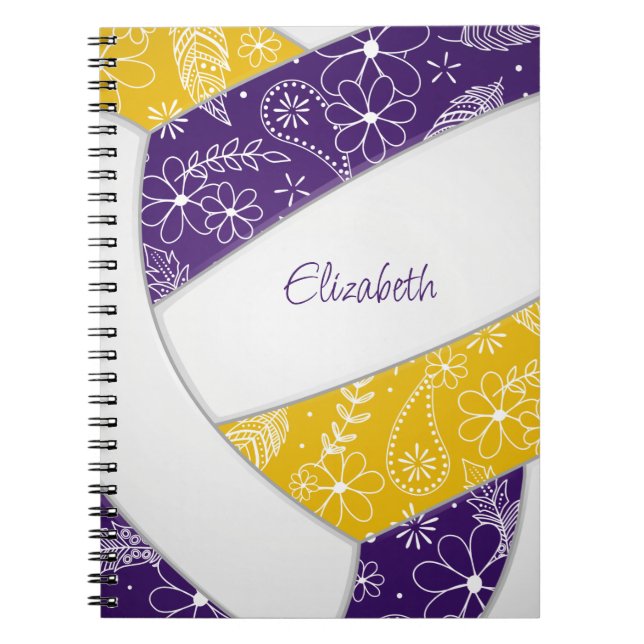 doodle floral purple gold boho volleyball notebook (Front)