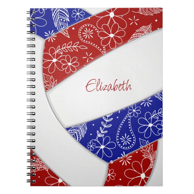 doodle floral red blue boho volleyball notebook (Front)