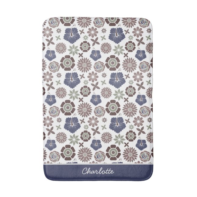 Doodle floral surface pattern personalized name bath mat (Front Vertical)