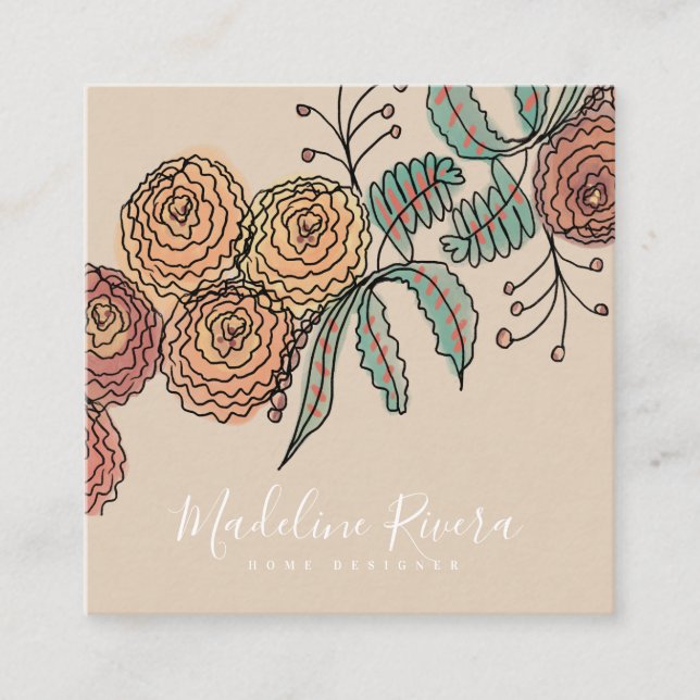 Doodle Florals Wreath Sprigs Greenery Designer Square Business Card (Front)