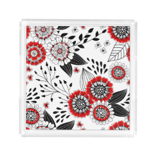 Doodle flowers and leaves in red and black acrylic tray