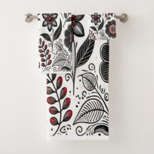 Doodle flowers and leaves in red and black bath towel set