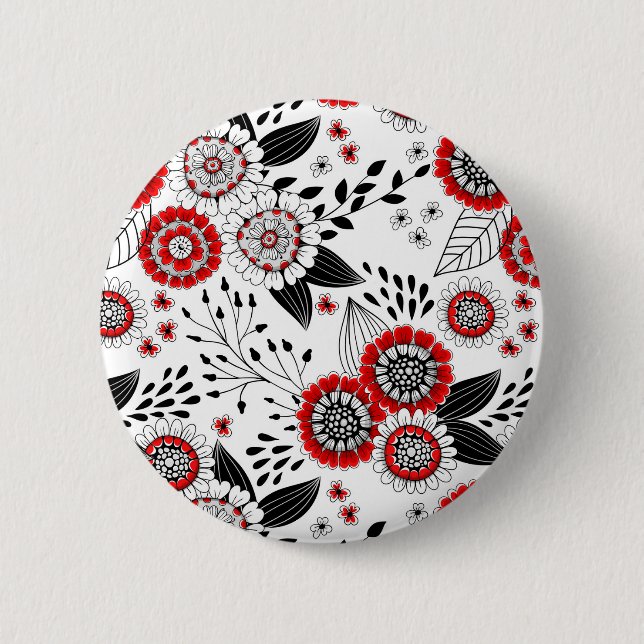 Doodle flowers and leaves in red and black button (Front)