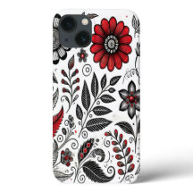 Doodle flowers and leaves in red and black