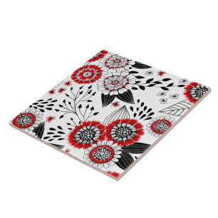 Doodle flowers and leaves in red and black ceramic tile