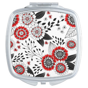 Doodle flowers and leaves in red and black compact mirror