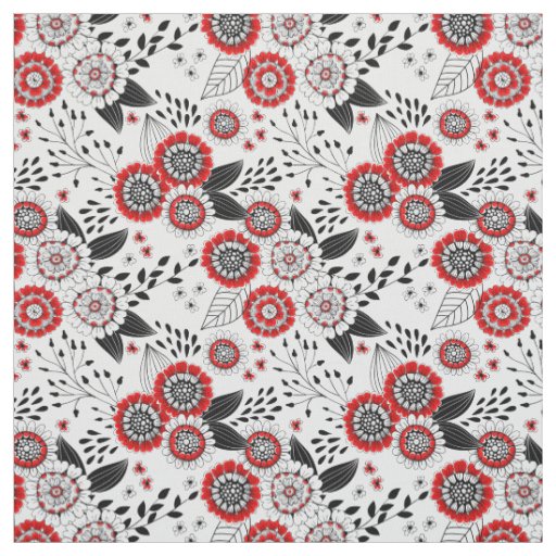 Doodle flowers and leaves in red and black fabric