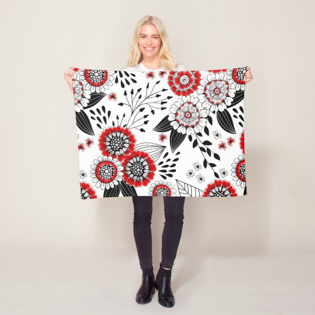 Doodle flowers and leaves in red and black fleece blanket (In Situ)