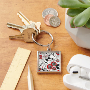 Doodle flowers and leaves in red and black keychain