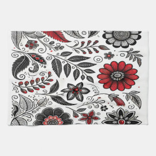 Doodle flowers and leaves in red and black kitchen towel