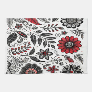 Doodle flowers and leaves in red and black kitchen towel
