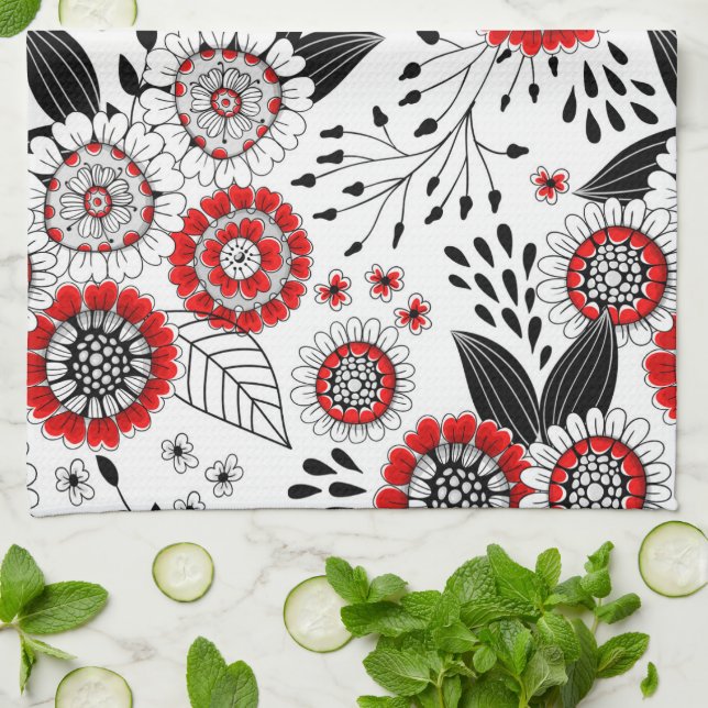 Doodle flowers and leaves in red and black kitchen towel (Folded)