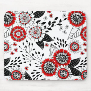 Doodle flowers and leaves in red and black mouse pad