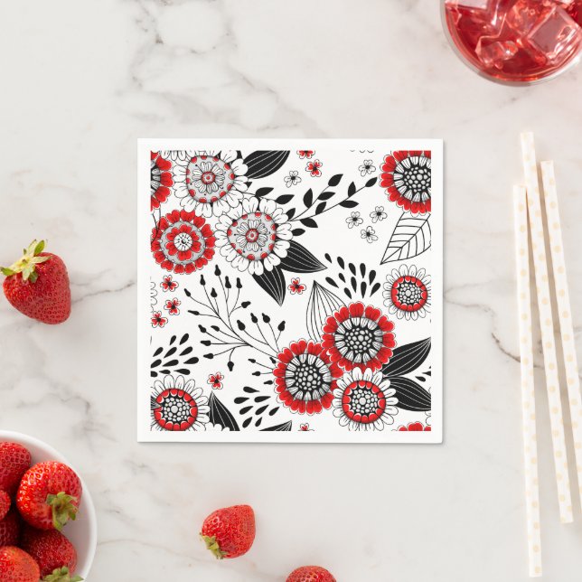 Doodle flowers and leaves in red and black napkins (Insitu)