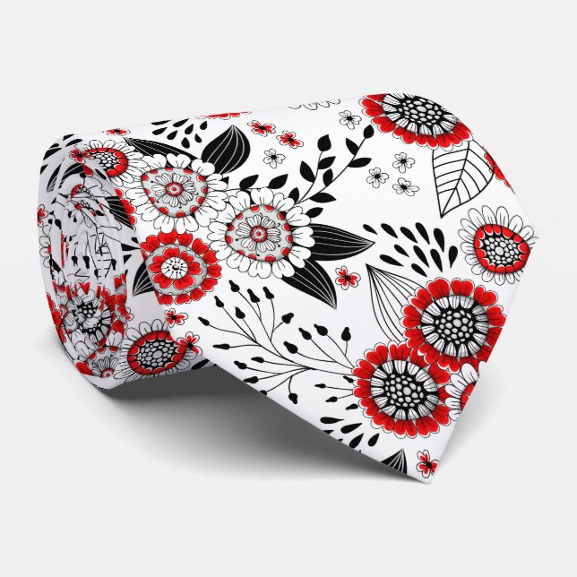 Doodle flowers and leaves in red and black neck tie (Rolled)