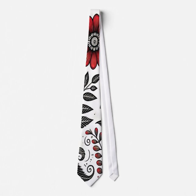 Doodle flowers and leaves in red and black neck tie (Front)