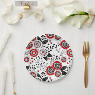 Doodle flowers and leaves in red and black paper plates