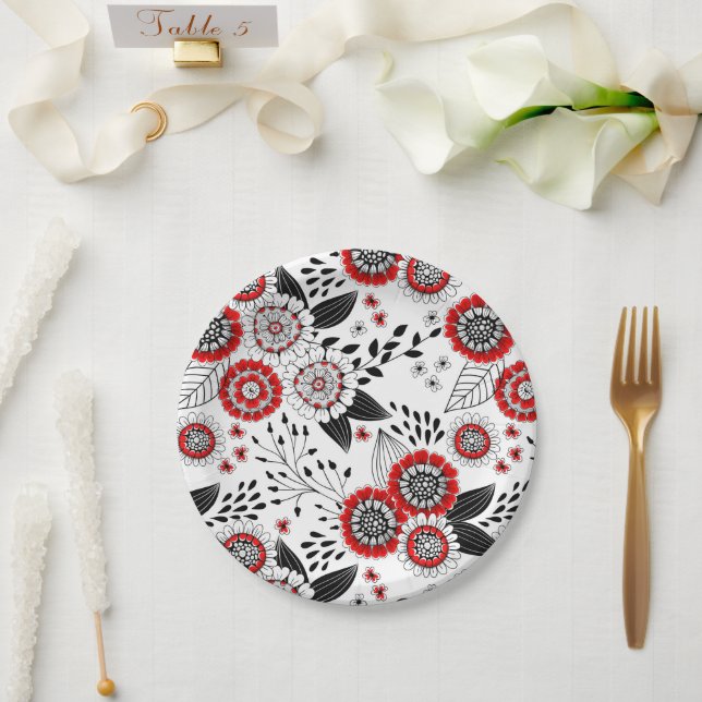 Doodle flowers and leaves in red and black paper plates (Wedding)