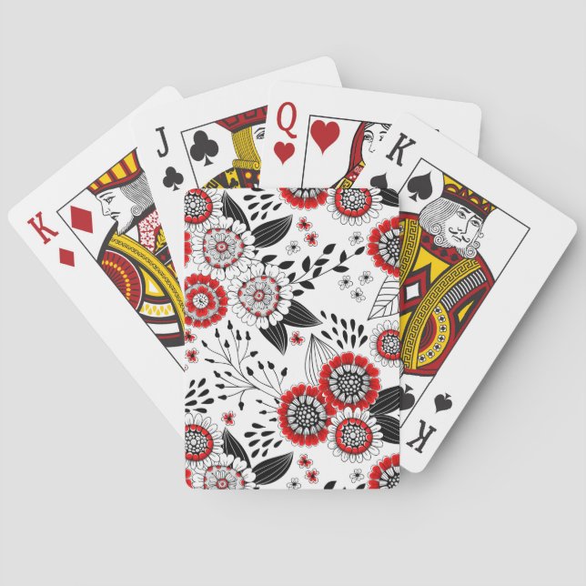 Doodle flowers and leaves in red and black poker cards (Back)