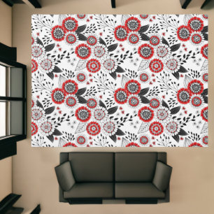 Doodle flowers and leaves in red and black rug
