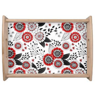 Doodle flowers and leaves in red and black serving tray