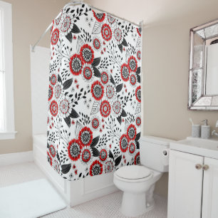 Doodle flowers and leaves in red and black shower curtain