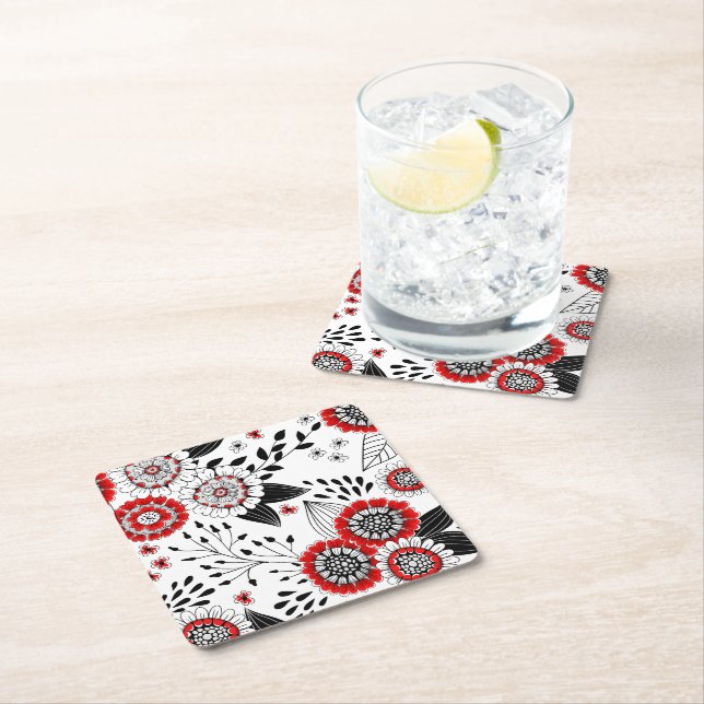 Doodle flowers and leaves in red and black square paper coaster (Insitu)