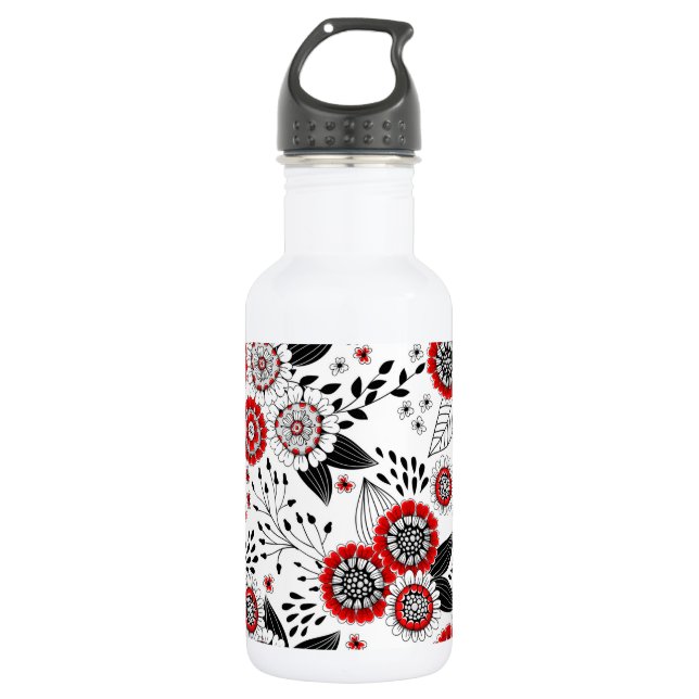 Doodle flowers and leaves in red and black stainless steel water bottle (Front)