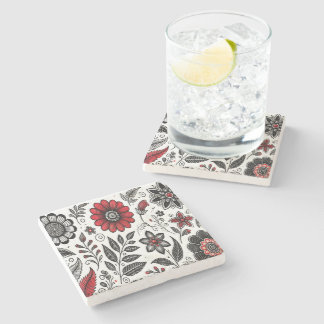 Doodle flowers and leaves in red and black stone coaster