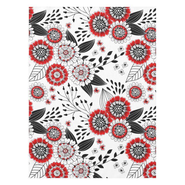Doodle flowers and leaves in red and black tablecloth (Front)