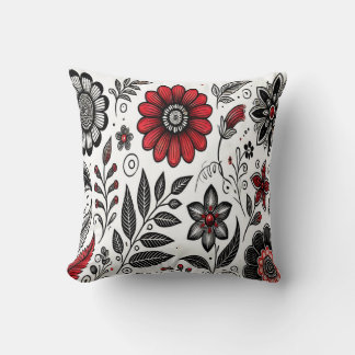 Doodle flowers and leaves in red and black throw pillow