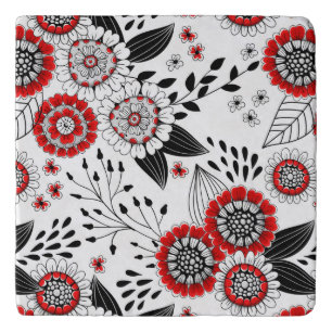 Doodle flowers and leaves in red and black trivet