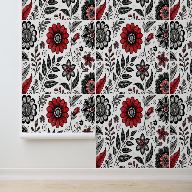 Doodle flowers and leaves in red and black wallpaper  (Application)