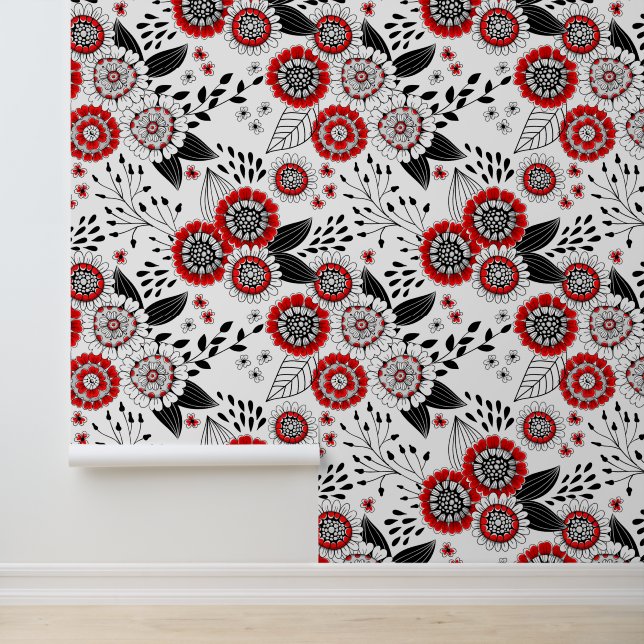 Doodle flowers and leaves in red and black wallpaper  (Application)