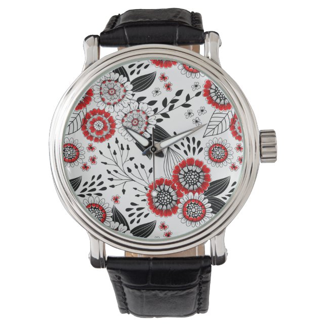 Doodle flowers and leaves in red and black watch (Front)