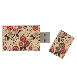 Doodle flowers and leaves in red and black wood flash drive